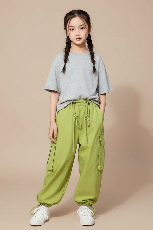 Pantalon Cargo Vert Ample Poches Fille Coton