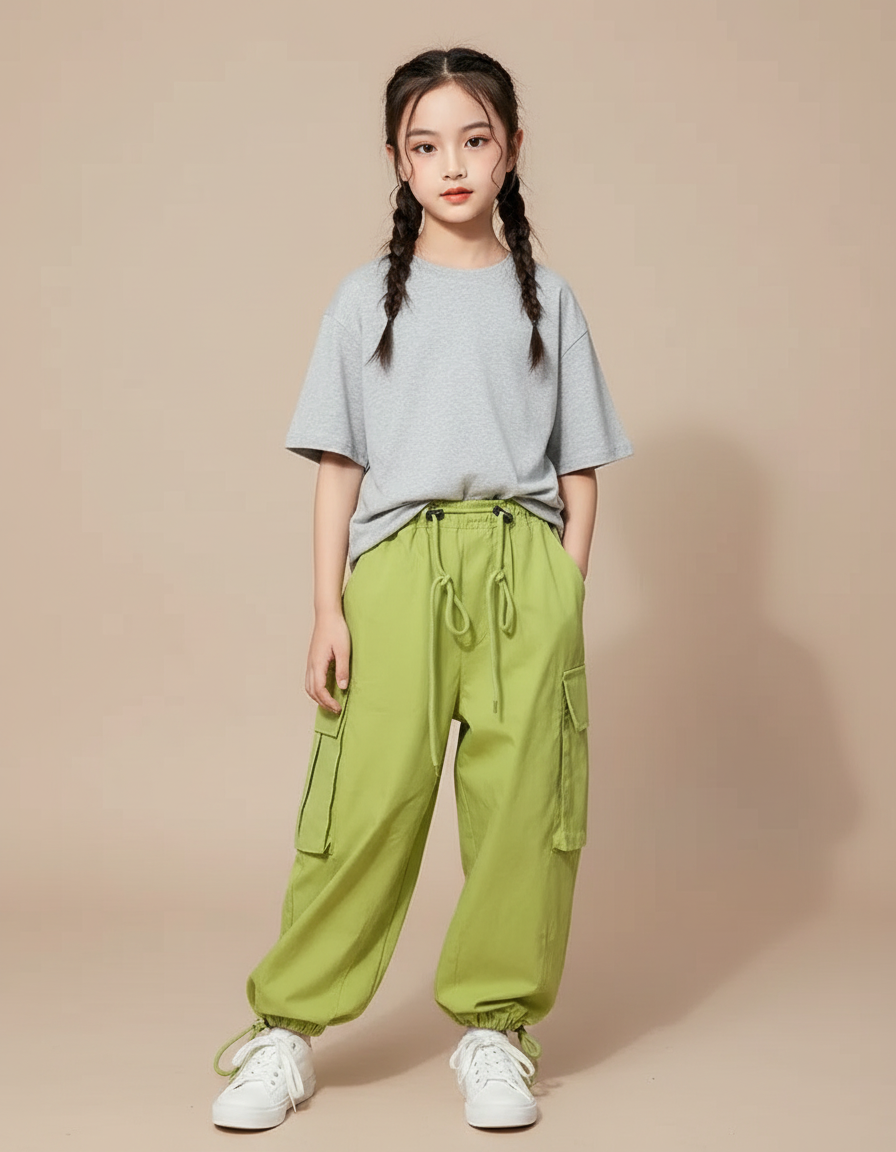 Pantalon Cargo Vert Ample Poches Fille Coton