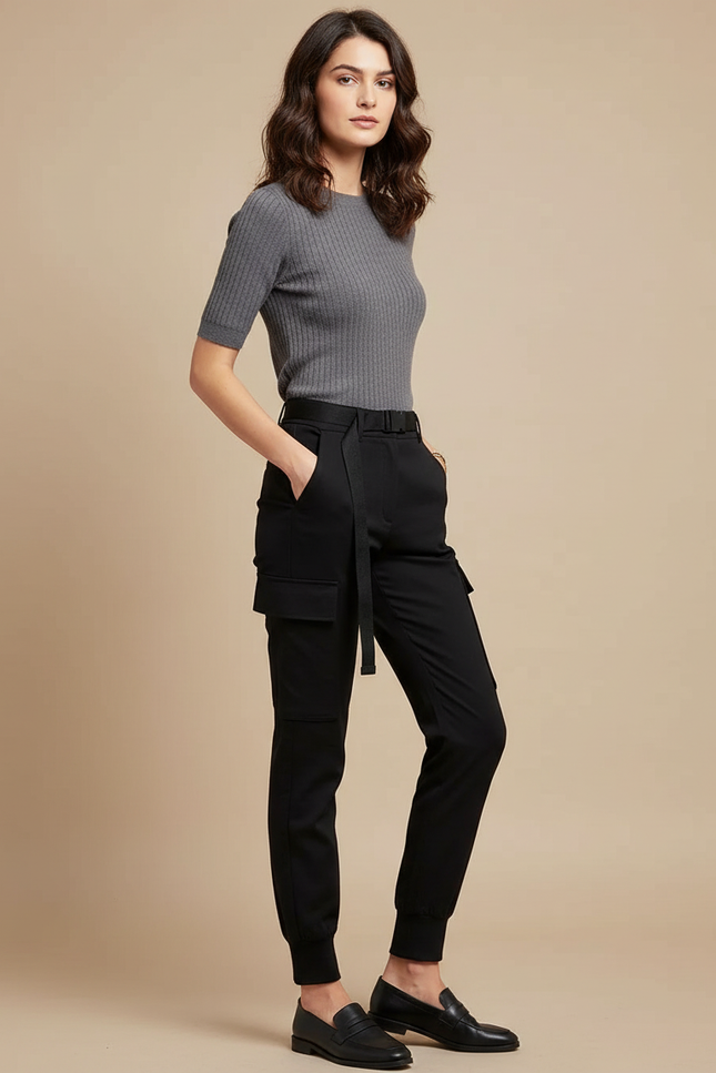 Pantalon Cargo Noir Décontracté Ceinturé Femme Slim - Polyester