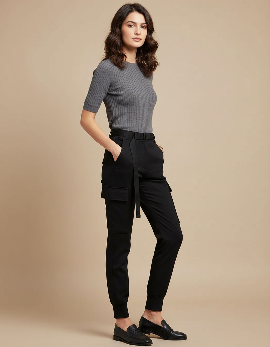 Pantalon Cargo Noir Décontracté Ceinturé Femme Slim - Polyester