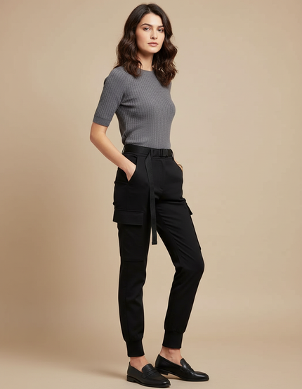 Pantalon Cargo Noir Décontracté Ceinturé Femme Slim - Polyester