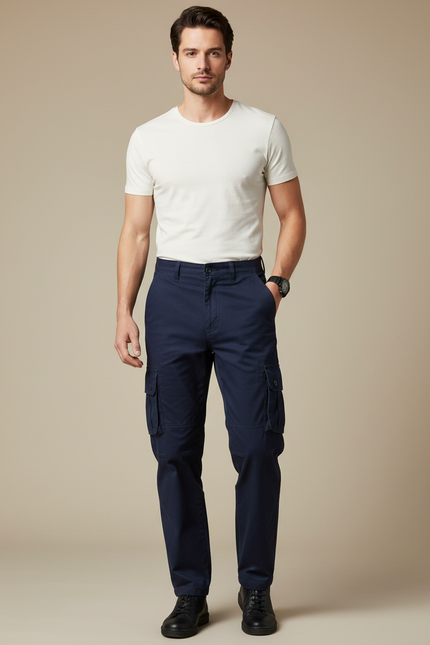 Pantalon Cargo Bleu Marine Coton Multipoches Décontracté Homme