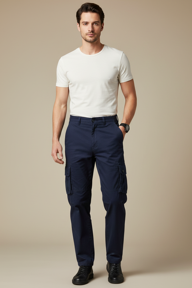 Pantalon Cargo Bleu Marine Coton Multipoches Décontracté Homme