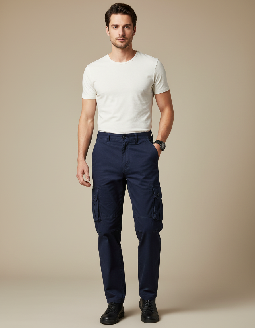 Pantalon Cargo Bleu Marine Coton Multipoches Décontracté Homme