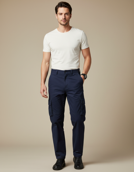 Pantalon Cargo Bleu Marine Coton Multipoches Décontracté Homme