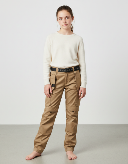 Pantalon Cargo Beige, Ample, Multi-Poches, Décontracté - Gabardine