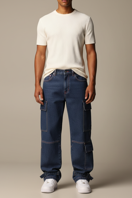 Pantalon Cargo Denim Bleu Ample Multipoches Homme - Jean