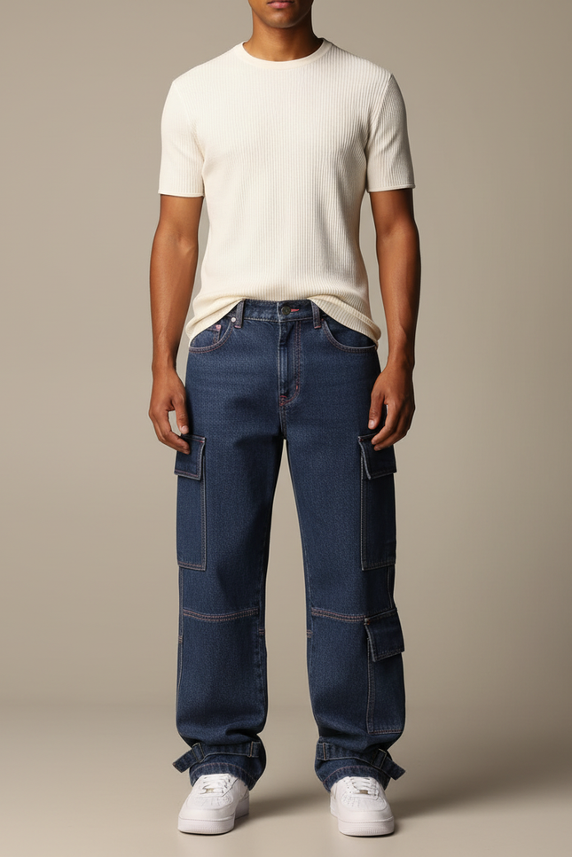 Pantalon Cargo Denim Bleu Ample Multipoches Homme - Jean