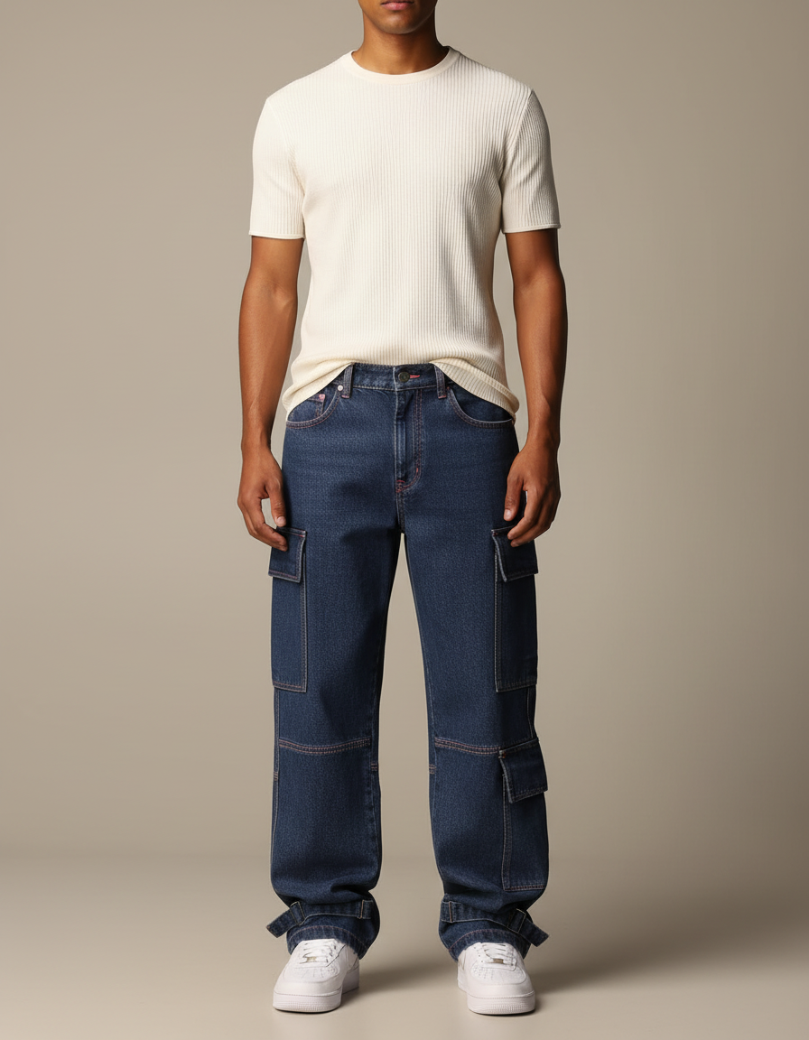 Pantalon Cargo Denim Bleu Ample Multipoches Homme - Jean