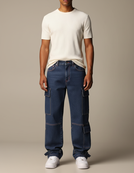 Pantalon Cargo Denim Bleu Ample Multipoches Homme - Jean
