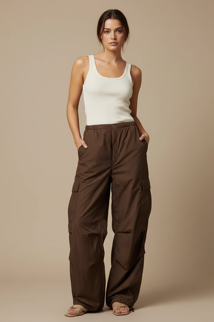 Pantalon Cargo Marron Ample Fluide Femme - Polyester