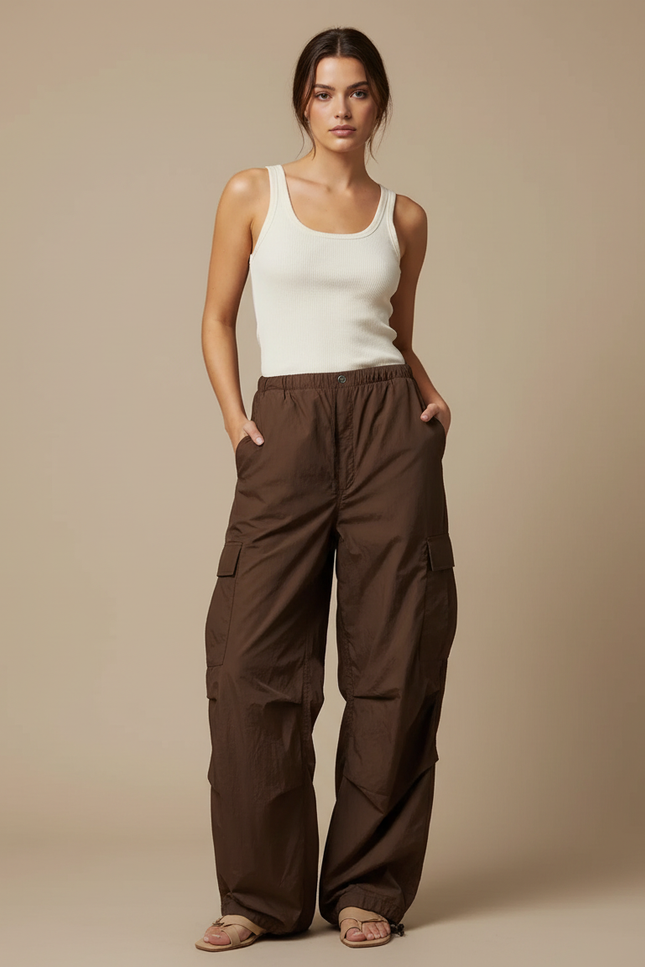 Pantalon Cargo Marron Ample Fluide Femme - Polyester