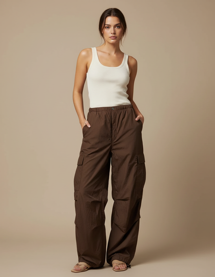 Pantalon Cargo Marron Ample Fluide Femme - Polyester
