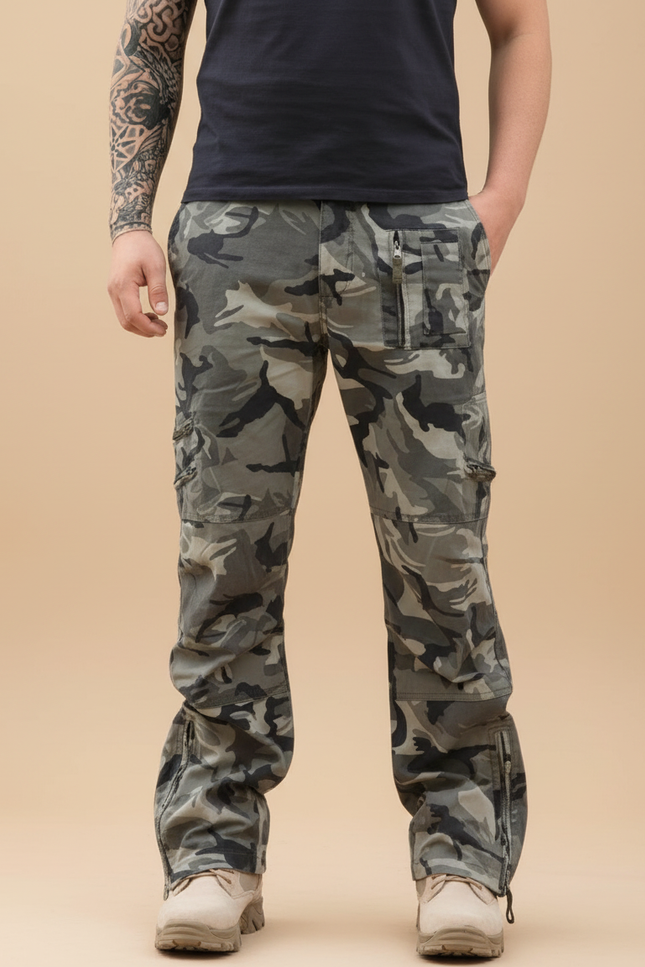 Pantalon Cargo Camouflage Militaire Multipoches Décontracté Coton - Kaki