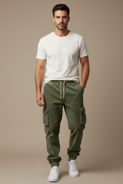 Pantalon Cargo Vert Côtelé Décontracté Homme Cordon - Cordé
