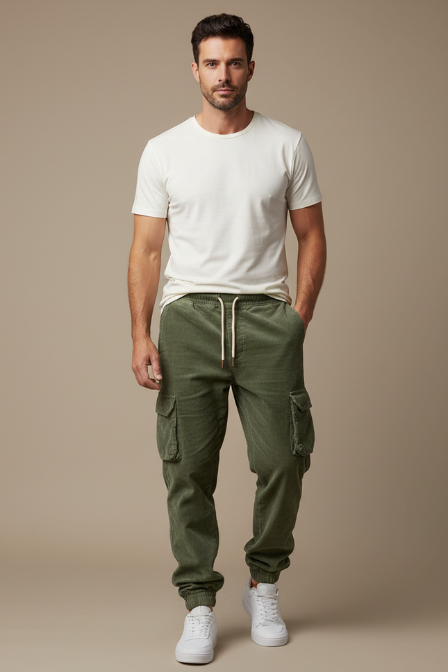 Pantalon Cargo Vert Côtelé Décontracté Homme Cordon - Cordé