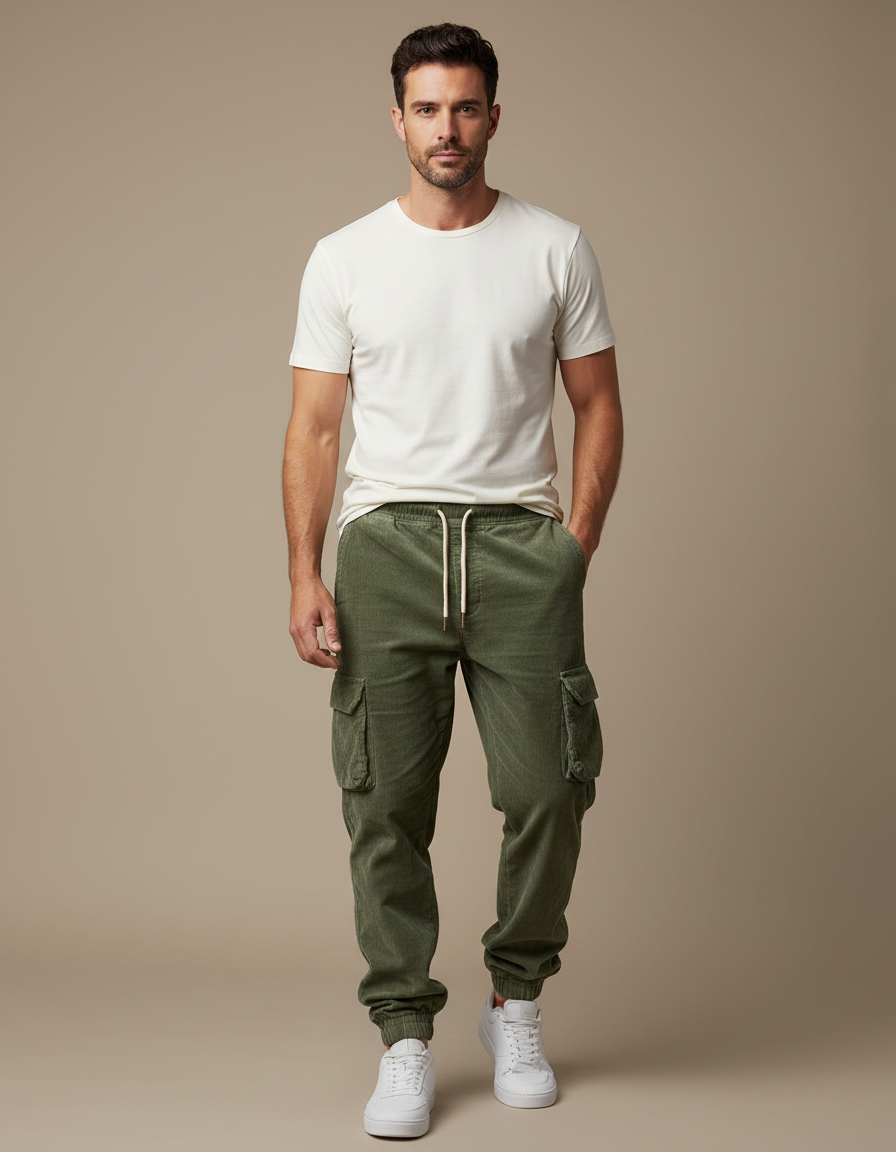 Pantalon Cargo Vert Côtelé Décontracté Homme Cordon - Cordé