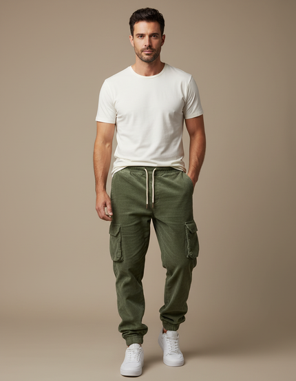 Pantalon Cargo Vert Côtelé Décontracté Homme Cordon - Cordé