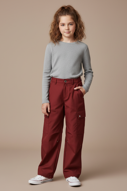 Pantalon Cargo Rouge Brique Ample Enfant Multipoches - Bordeaux Gabardine