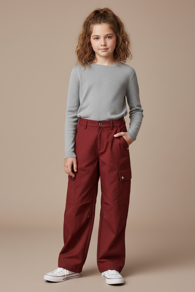 Pantalon Cargo Rouge Brique Ample Enfant Multipoches - Bordeaux Gabardine
