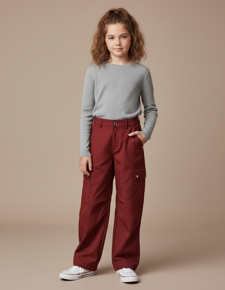 Pantalon Cargo Rouge Brique Ample Enfant Multipoches - Bordeaux Gabardine