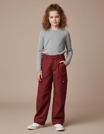 Pantalon Cargo Rouge Brique Ample Enfant Multipoches - Bordeaux Gabardine