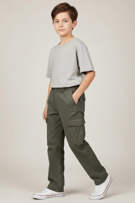 Pantalon Cargo Vert Kaki Coton Enfant Décontracté