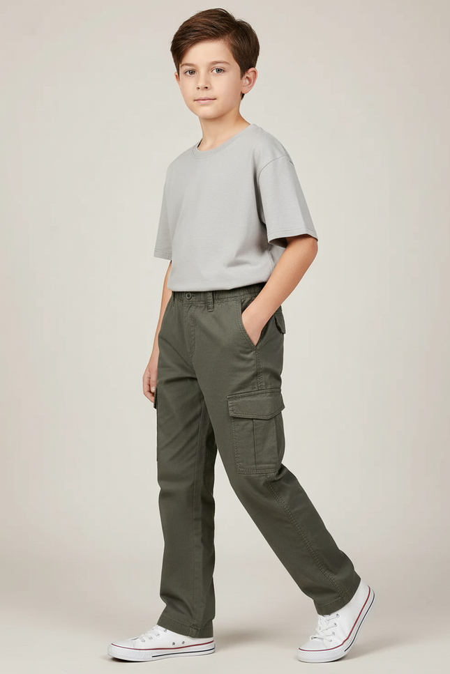Pantalon Cargo Vert Kaki Coton Enfant Décontracté