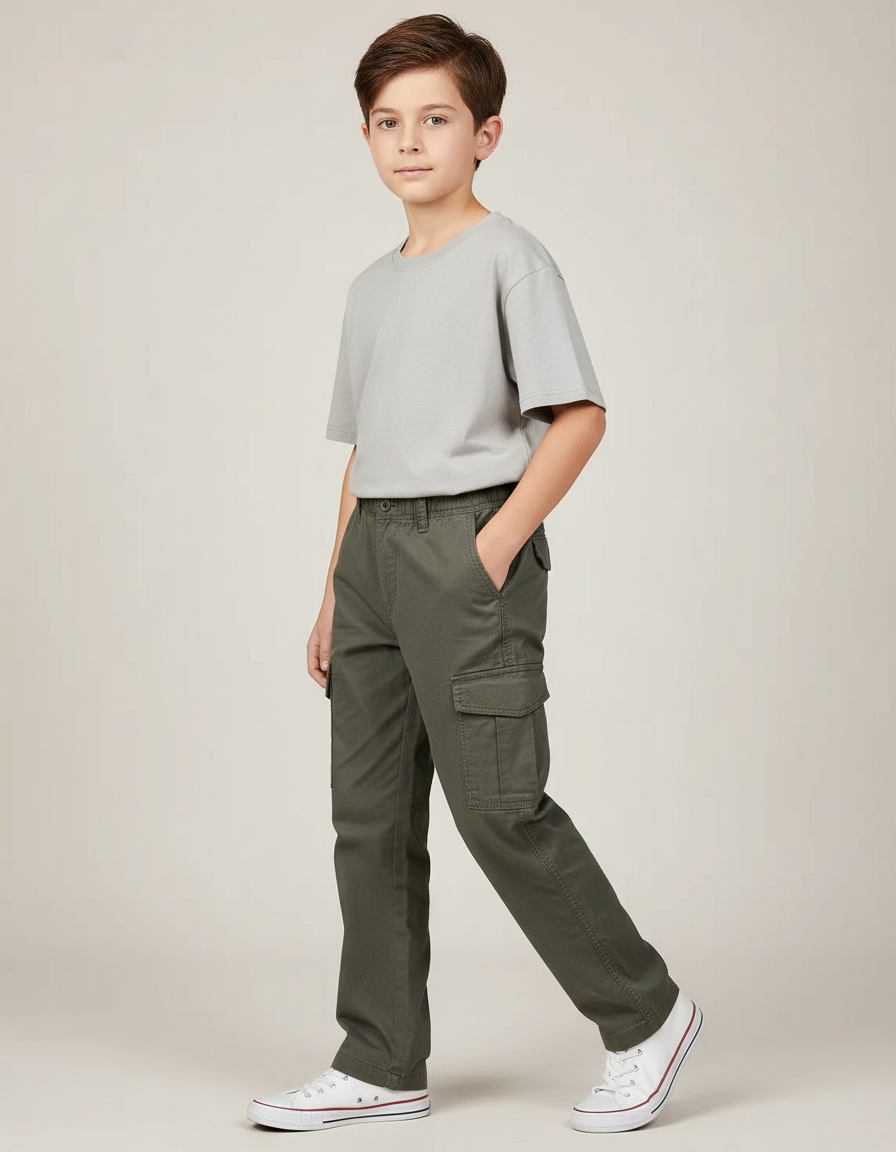 Pantalon Cargo Vert Kaki Coton Enfant Décontracté