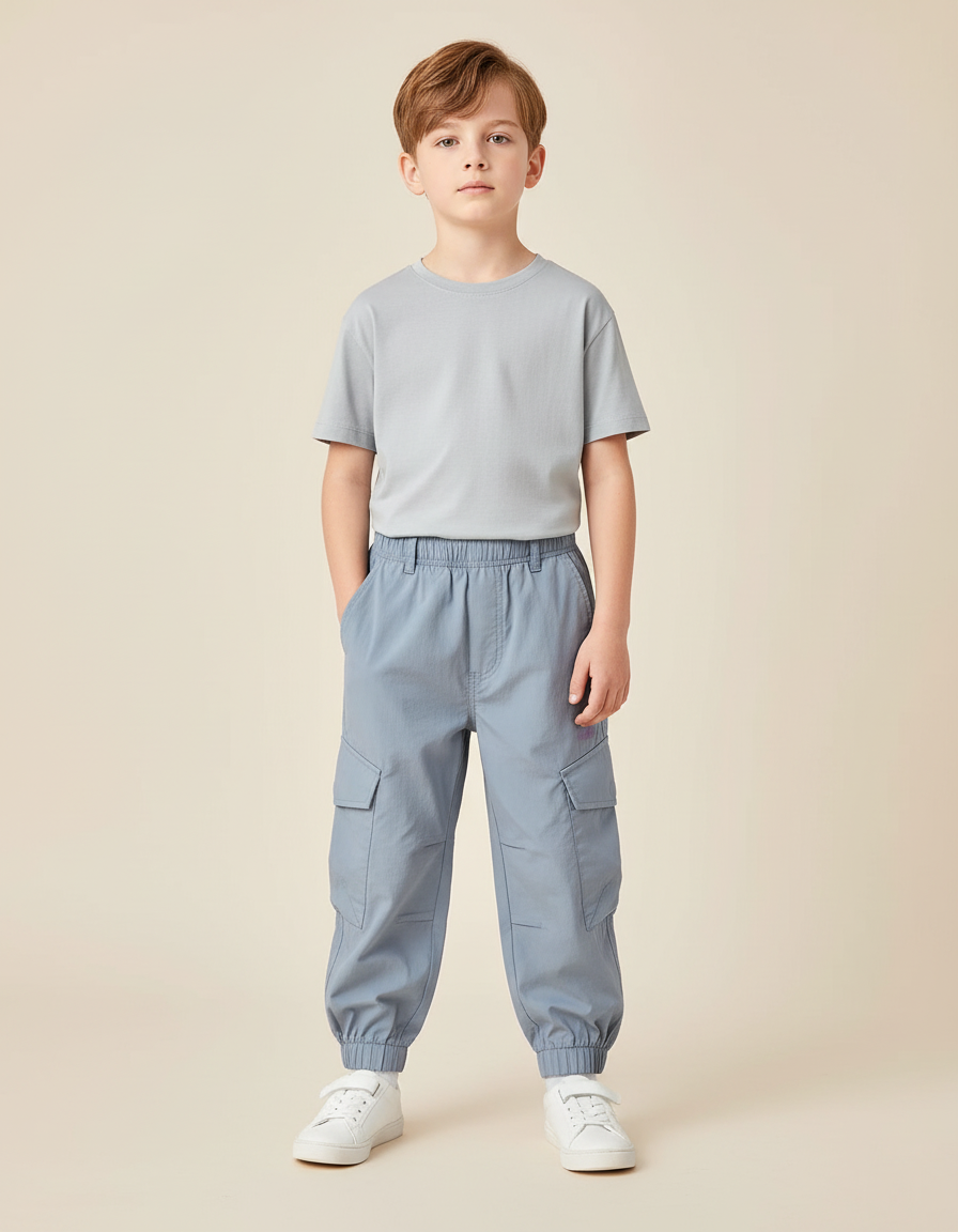 Pantalon Cargo Bleu Léger Multipoches Garçon - Polyester