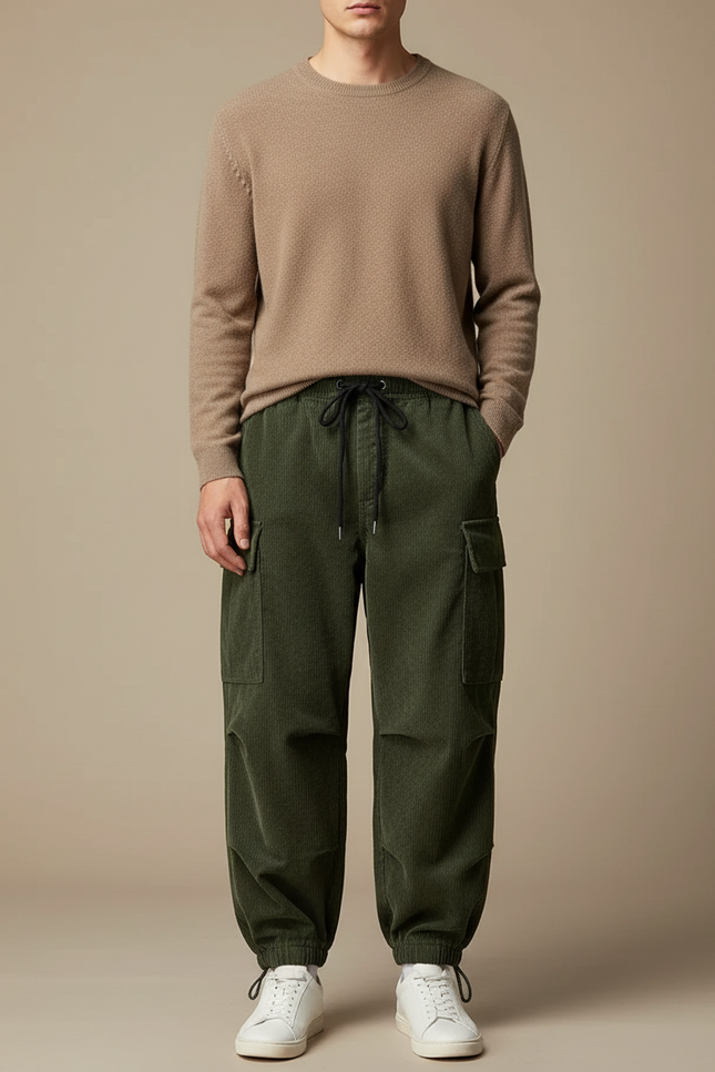Pantalon Cargo Vert Côtelé Ample Multipoches Homme - Cordé