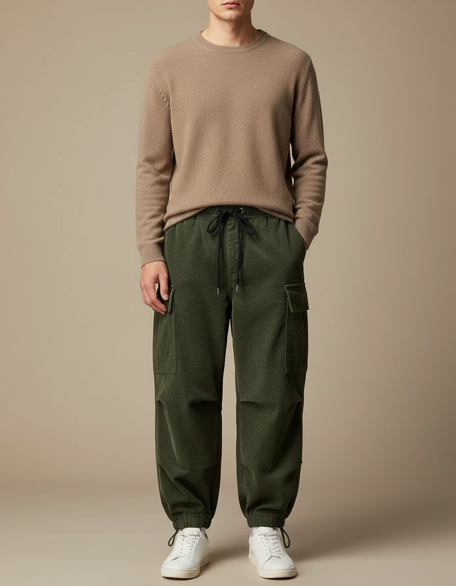 Pantalon Cargo Vert Côtelé Ample Multipoches Homme - Cordé