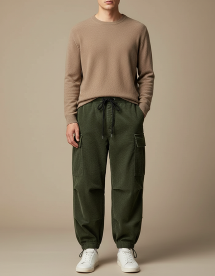 Pantalon Cargo Vert Côtelé Ample Multipoches Homme - Cordé