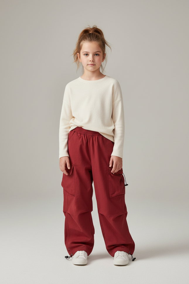 Pantalon Cargo Rouge Ample Multipoches Ajustable Fille - Toile