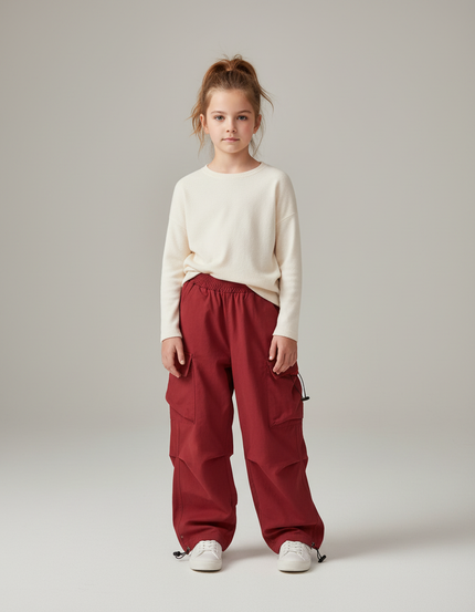 Pantalon Cargo Rouge Ample Multipoches Ajustable Fille - Toile
