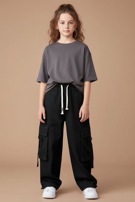 Pantalon Cargo Noir Ample Enfant Décontracté - Toile