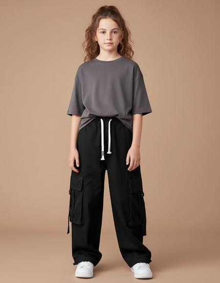 Pantalon Cargo Noir Ample Enfant Décontracté - Toile