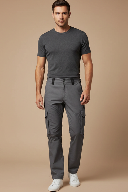 Pantalon Cargo Gris Homme Multipoches Coupe Droite Décontracté - Toile
