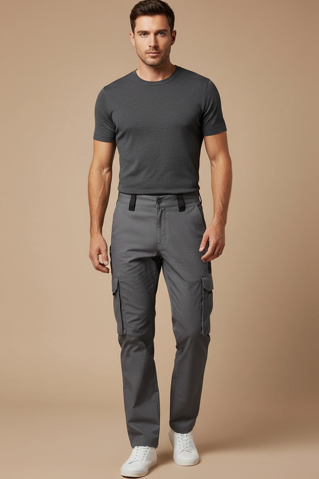 Pantalon Cargo Gris Homme Multipoches Coupe Droite Décontracté - Toile