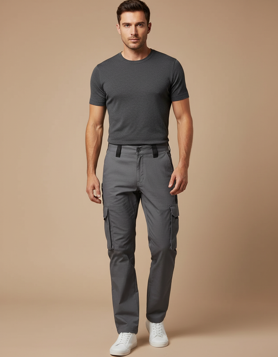 Pantalon Cargo Gris Homme Multipoches Coupe Droite Décontracté - Toile