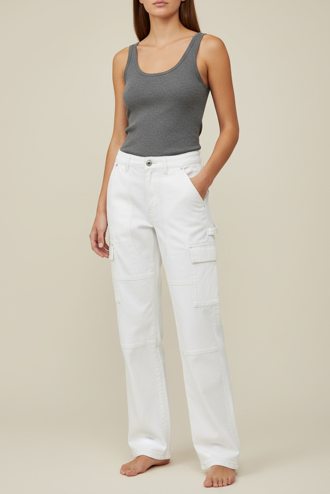 Pantalon Cargo Blanc Large Taille Haute Femme - Toile