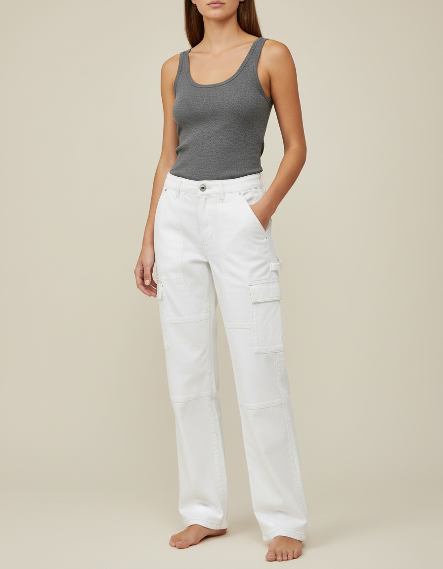 Pantalon Cargo Blanc Large Taille Haute Femme - Toile