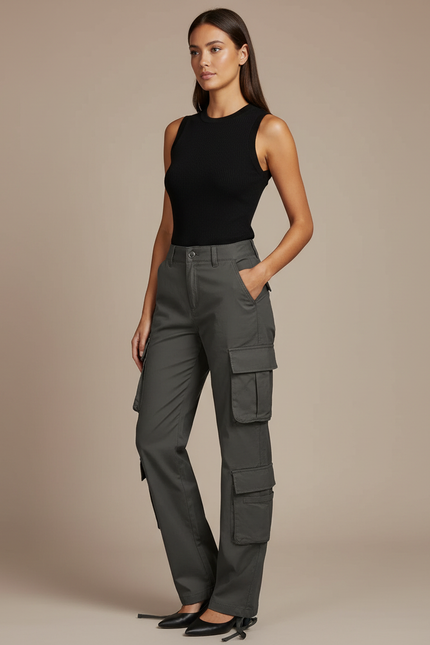 Pantalon Cargo Gris Ample Multipoches Femme - Gabardine