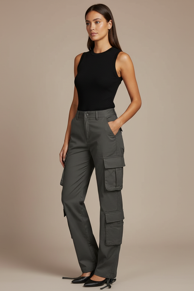 Pantalon Cargo Gris Ample Multipoches Femme - Gabardine