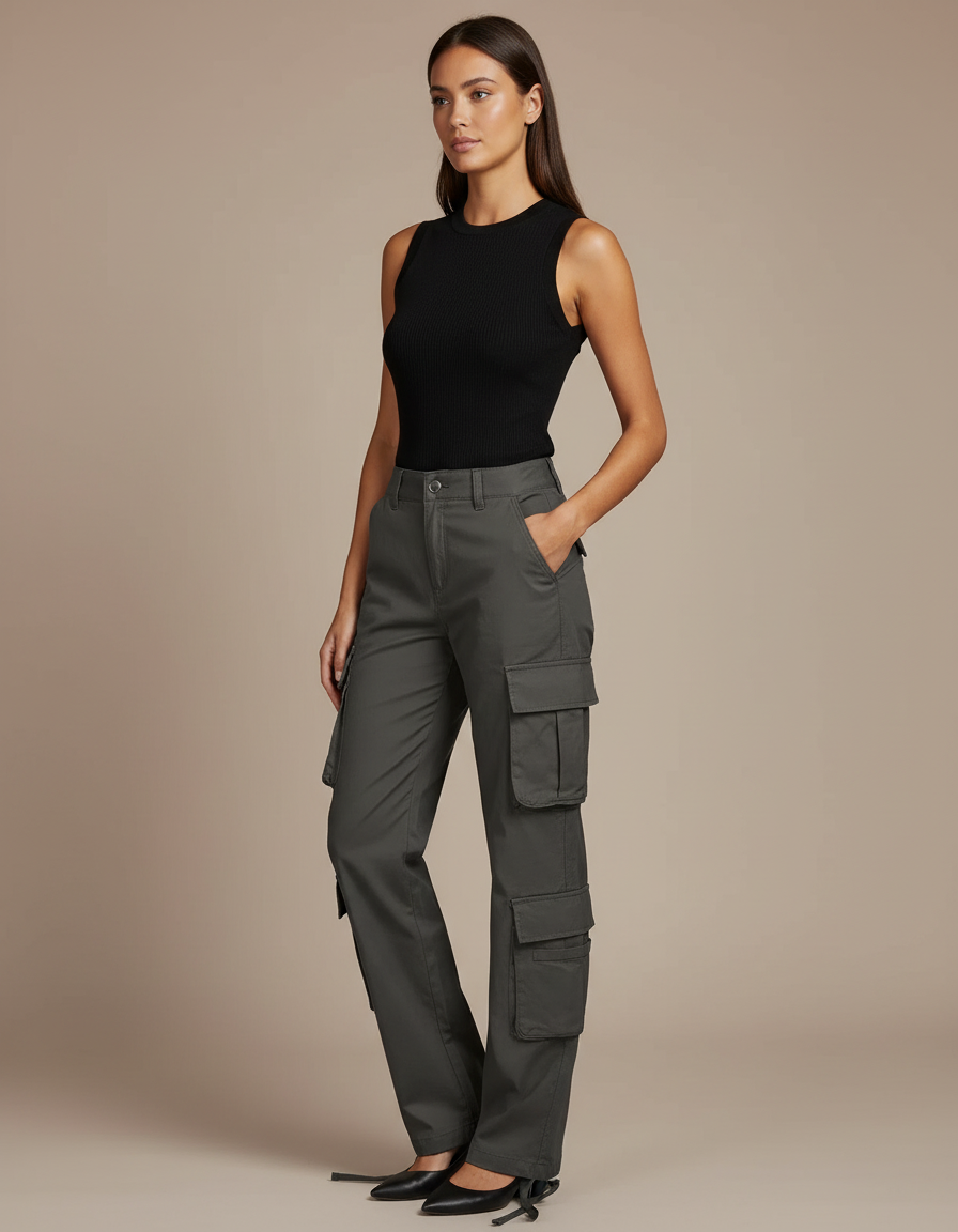 Pantalon Cargo Gris Ample Multipoches Femme - Gabardine