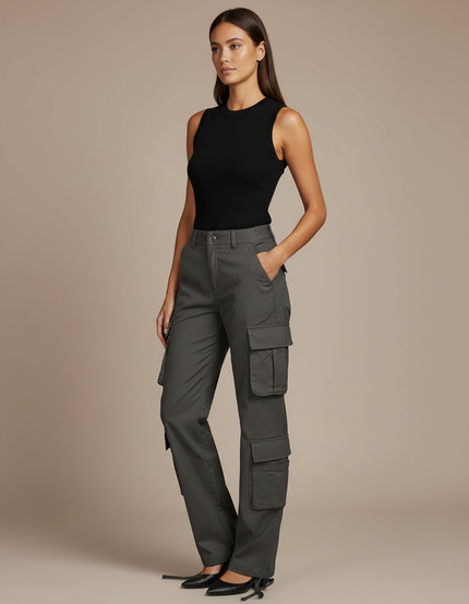 Pantalon Cargo Gris Ample Multipoches Femme - Gabardine