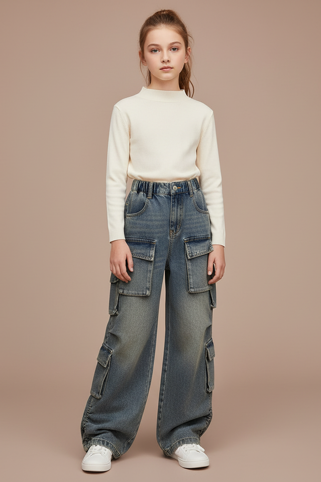 Pantalon Cargo Denim Ample Vintage Multipoches Enfant - Bleu Jean