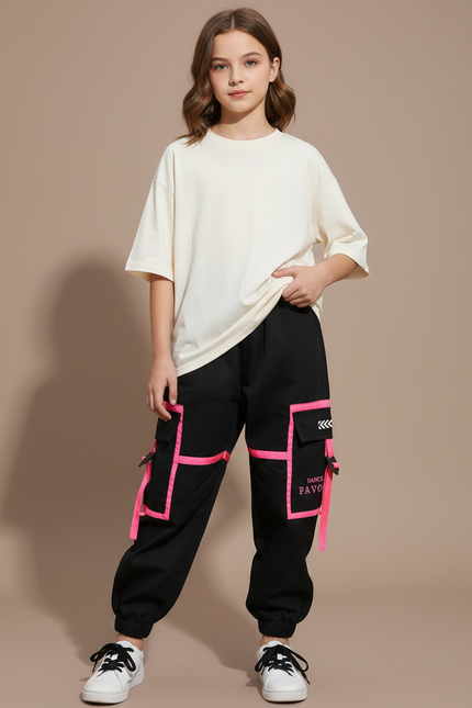 Pantalon Cargo Noir Fille Fluorescent Poches Sangles - Polyester
