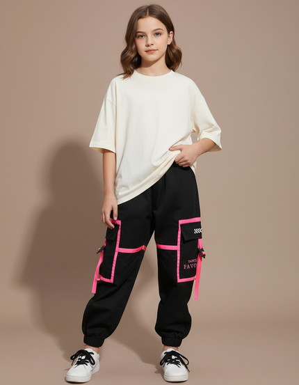 Pantalon Cargo Noir Fille Fluorescent Poches Sangles - Polyester