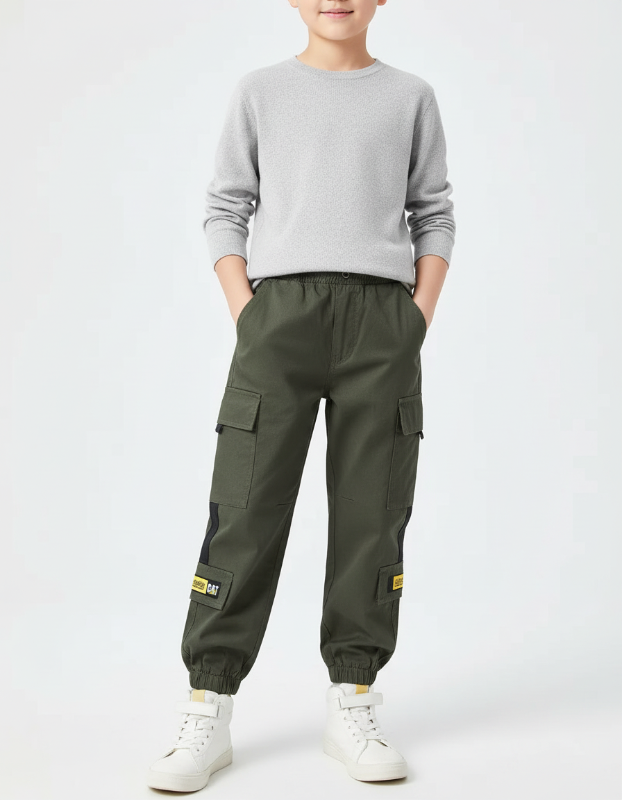 Pantalon Cargo Vert Enfant Coton Sport Jogger - Kaki
